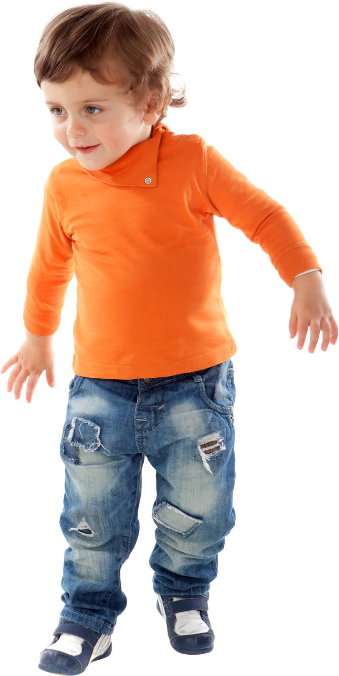 Beautiful Little Child Two Years Old Wearing Jeans and Orange Je